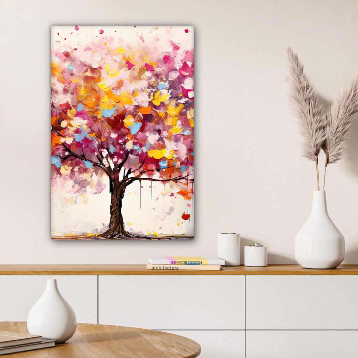 LEINWANDBILD Aquarell - Baum - Kunst - Abstrakt Wanddeko Schlafzimmer 60x90 cm - Rosa, Textil (60/90cm) - MuchoWow