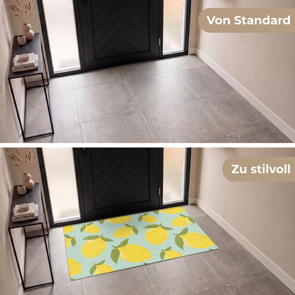 FUSSMATTE Muster Zitronen - Gelb - Blau - Muster - Früchte Flurteppich 150x90 cm - Gelb, Kunststoff (150/0.4cm) - MuchoWow