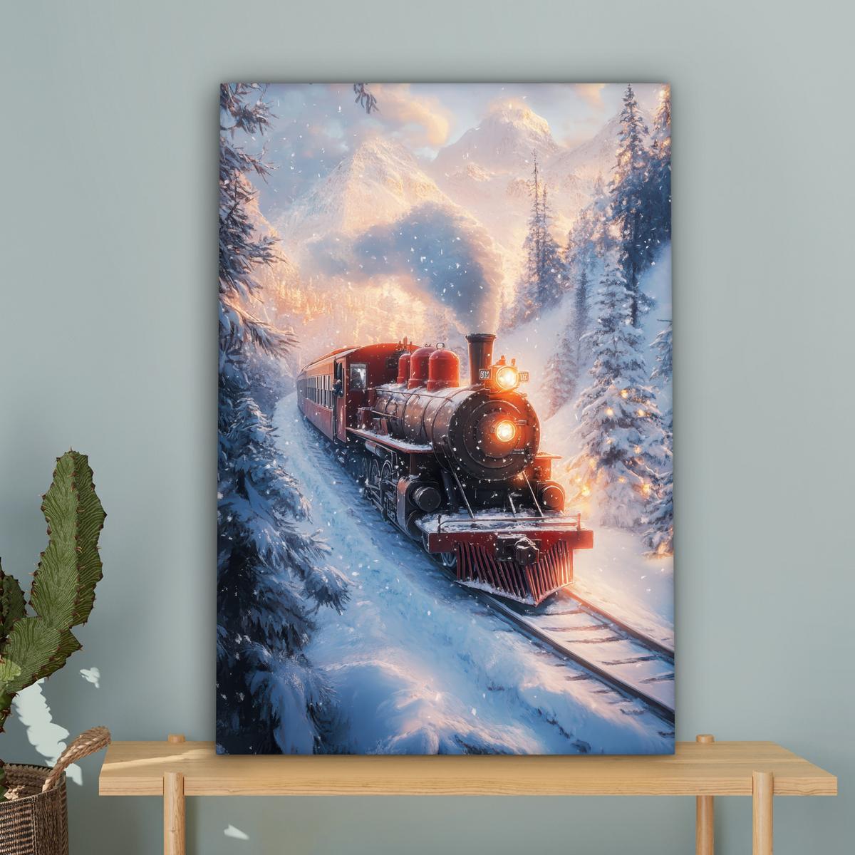 LEINWANDBILD Weihnachtszug - Schnee - Winter - Weihnachten Wanddeko 40x60 cm - Dunkelrot, Textil (40/60cm) - MuchoWow