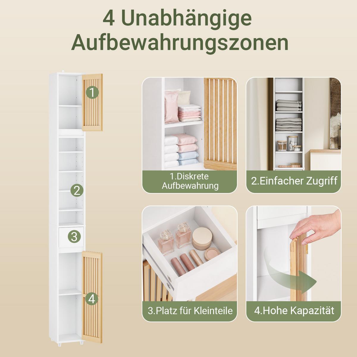 HOCHSCHRANK aus Holz, Schmal Weiß, 20x20x180cm, 20 cm breit, 6 Böden, für Bad & WC - Weiß/Naturfarben, Holzwerkstoff (20/180/20cm) - SoBuy