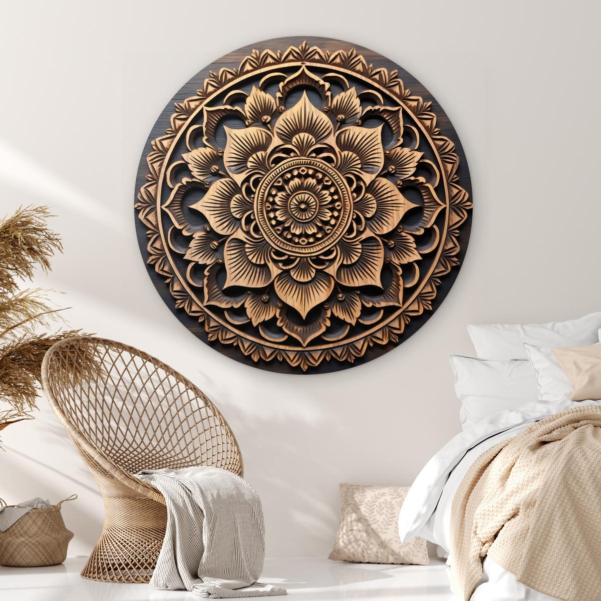 WANDBILD Mandala - Holz - Blumen - Braun Deko Groß 150x150 cm - Gelb, Kunststoff (150/150cm) - MuchoWow