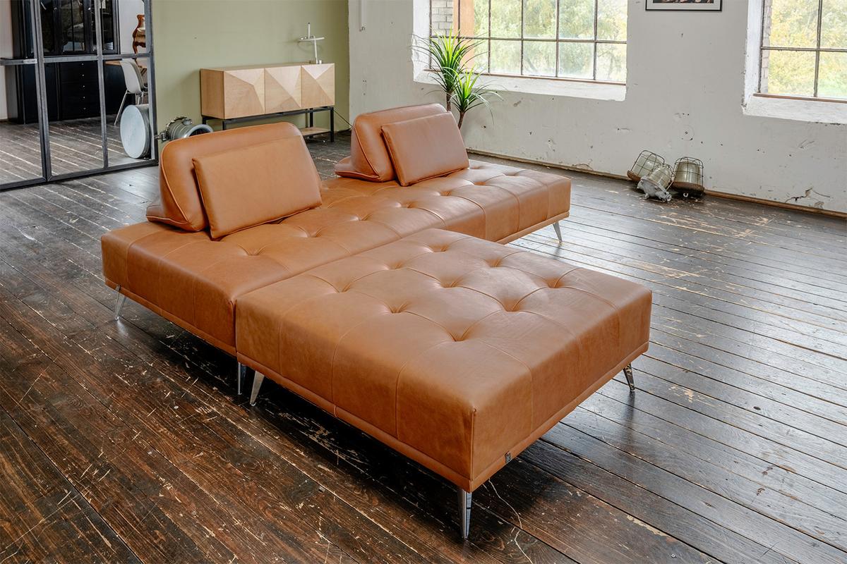 SOFA MIT HOCKER WIOLO 2ER SET Braun Leder - Silberfarben/Braun, Leder/Metall (240/83/110cm) - KAWOLA