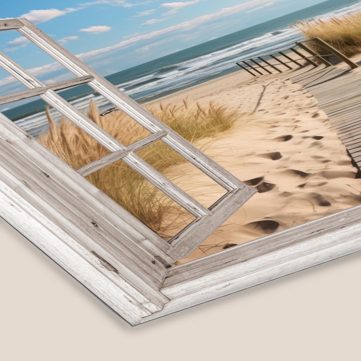 POSTER MIT RAHMENGERAHMTES BILD Fenster - Meer - Küste - Natur - Ausblick - Strand - Wattenmeer 60x40 cm - Beige, Papier (60/40cm) - MuchoWow