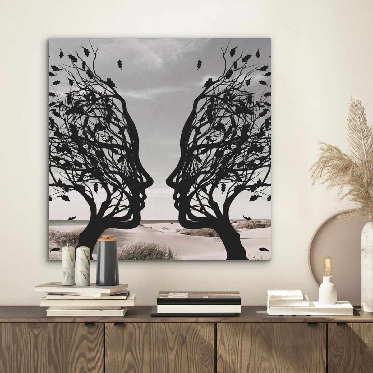 AKUSTIKBILD Strand - Meer - Menschen - Baum - Moderne Kunst Wandbilder 60x60 cm - Hellgrau, Kunststoff (60/60/0.9cm) - MuchoWow