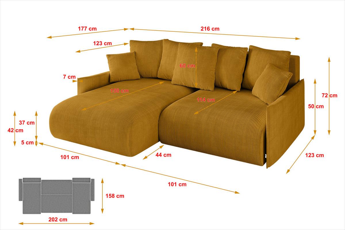 ECKSOFA Ottomane links ONESK-L -v1 216x177x72 Senfgelb Cord - Currygelb, Holzwerkstoff/Kunststoff (216/177cm) - ALTDECOR