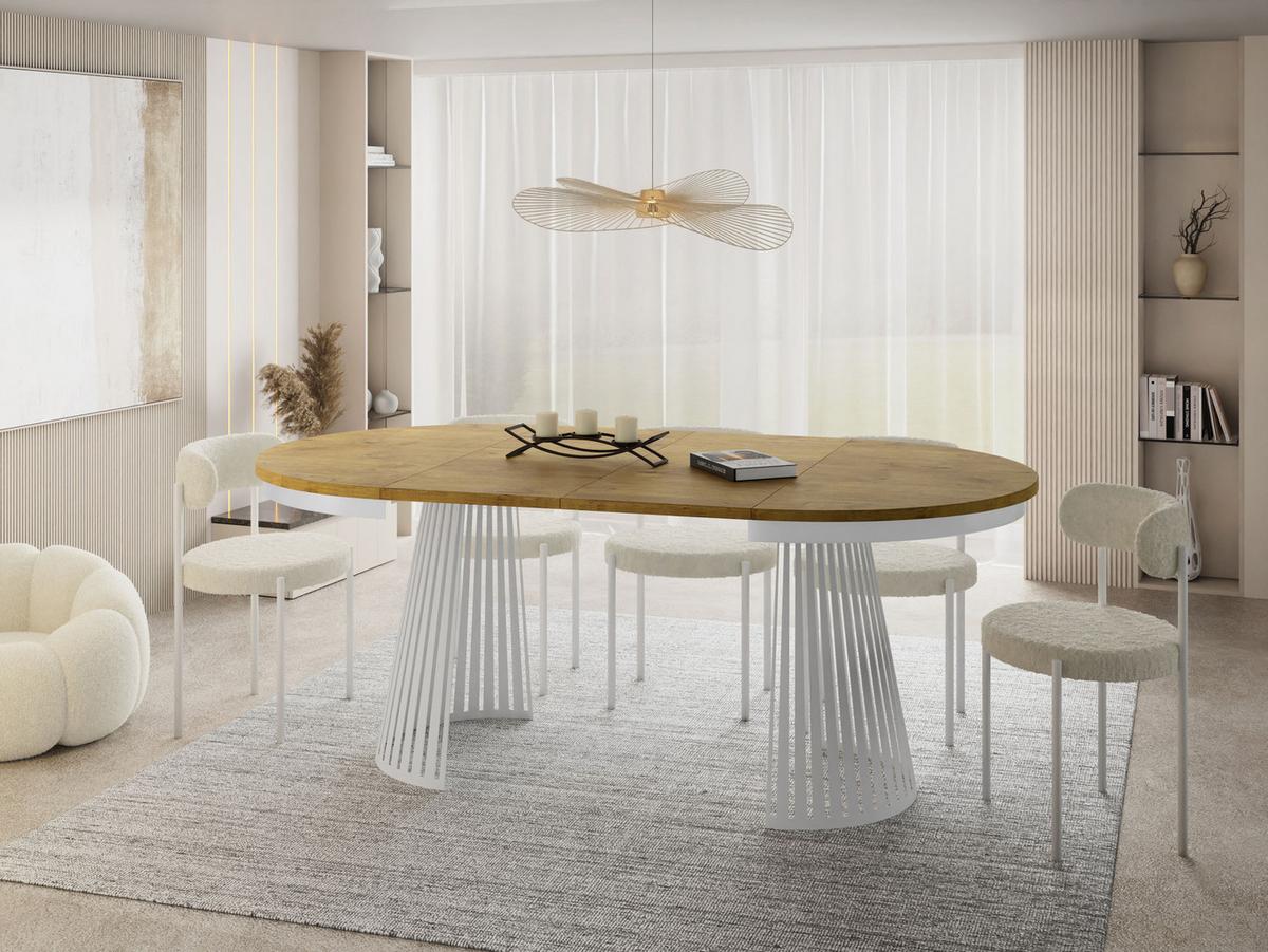ESSTISCH Naro rund ausziehbar mit Weißem Lamellen-Metallgestell, Braun 120-200/120/76 cm - Eichefarben/Weiß, Holzwerkstoff/Metall (120/196/76cm) - WFL GROUP