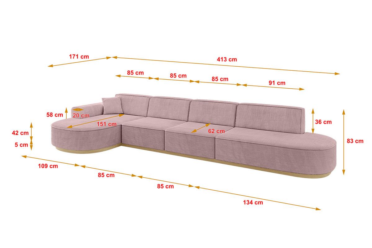 ECKSOFA Ottomane Links MARI-L3-v2 - 413x171x83 cm Rosa Cord - Rosa, Holzwerkstoff/Textil (413/171cm) - ALTDECOR