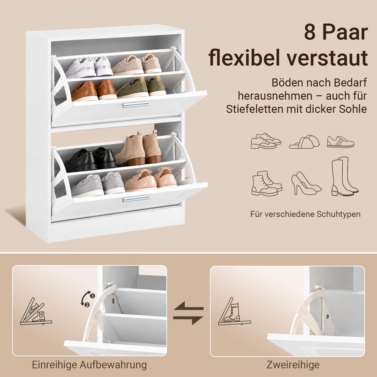 SCHUHSCHRANK Weiß, 60 cm breit, 23 cm tief, 79 cm hoch, 2 Klappen, ca. 8 Paar Schuhe, für Flur und hinter der Tür - Weiß, Holzwerkstoff (60/80/25cm) - SoBuy