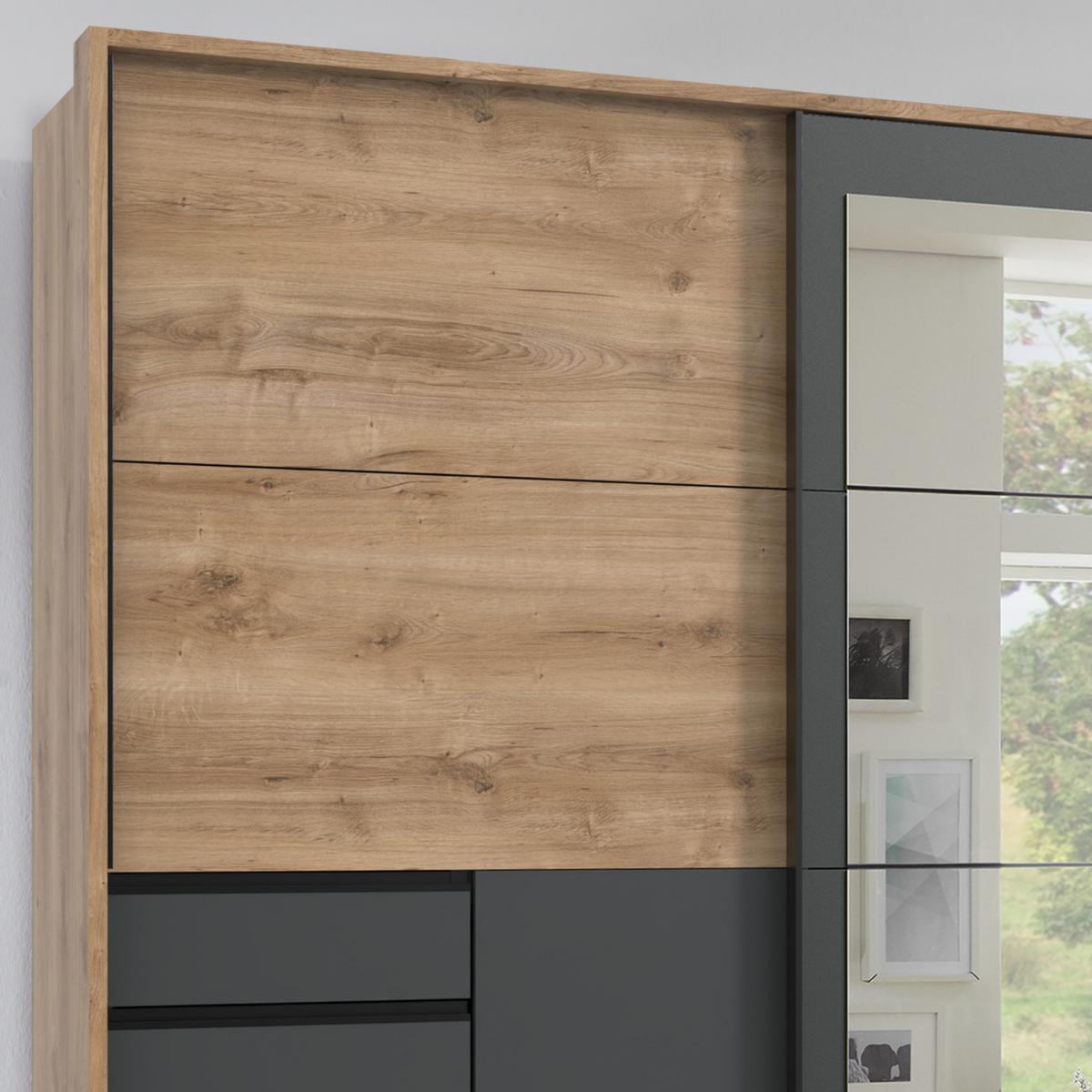 SCHWEBETÜRENSCHRANK 3-türig B273/H213/64cm, Eiche Dekor mit Absetzungen in Grafit, Passepartout&Spiegel&Schubladen,Kleiderschrank inkl.Vollaus./ 22506 - Blau/Eichefarben, Holzwerkstoff/Metall (273/213/64cm) - luma-home