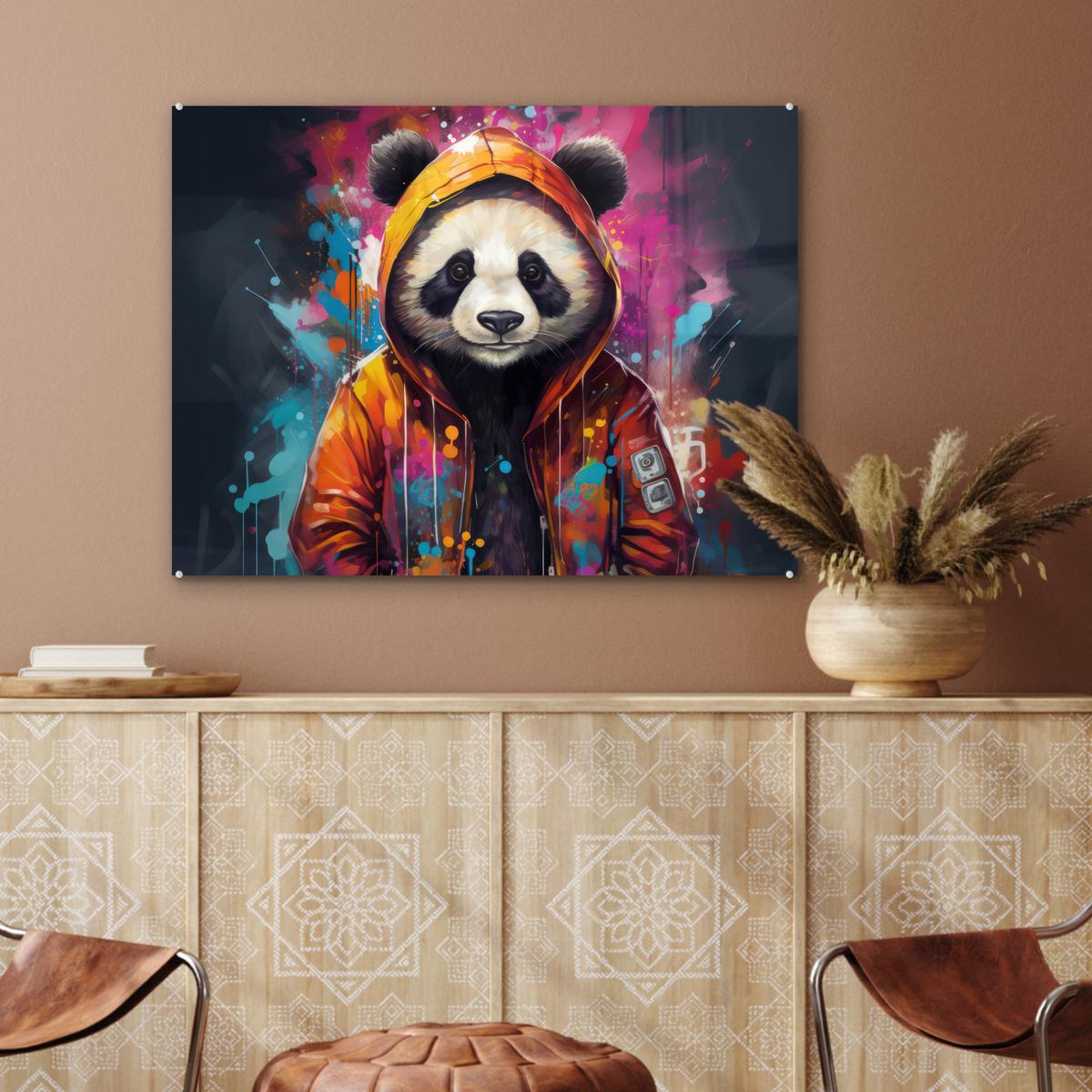 ACRYLGLASBILD Panda - Jacke - Graffiti - Orange 80x60 cm - Orange, Glas (80/60cm) - MuchoWow