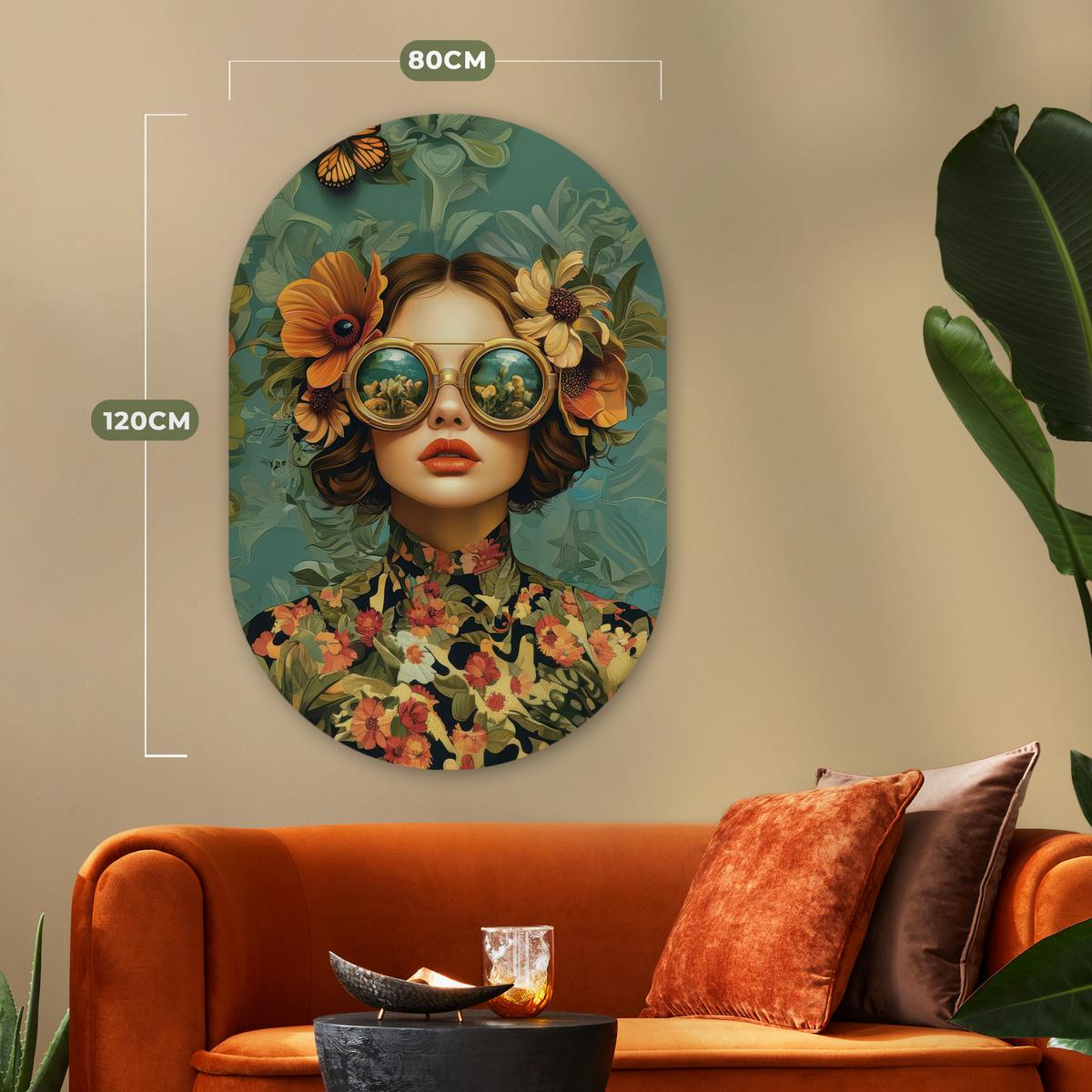 WANDBILD Frau - Blumen - Schmetterlinge - Natur - Vintage Deko Groß 80x120 cm - Petrol, Kunststoff (80/120cm) - MuchoWow