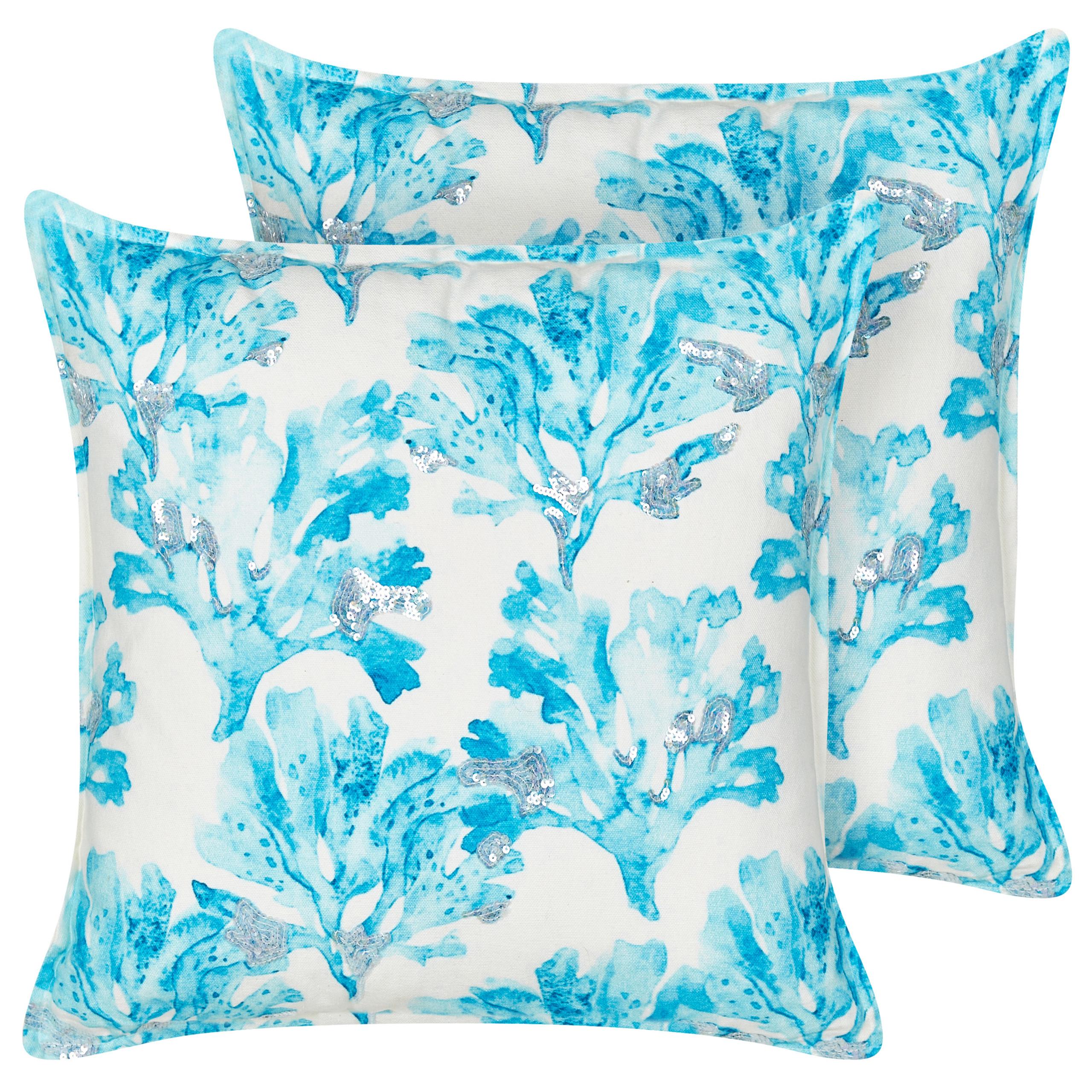 DEKOKISSEN 2er-Set Weiß 45/45 cm Rockweed - Blau/Weiß, Naturmaterialien (45/45cm) - Beliani