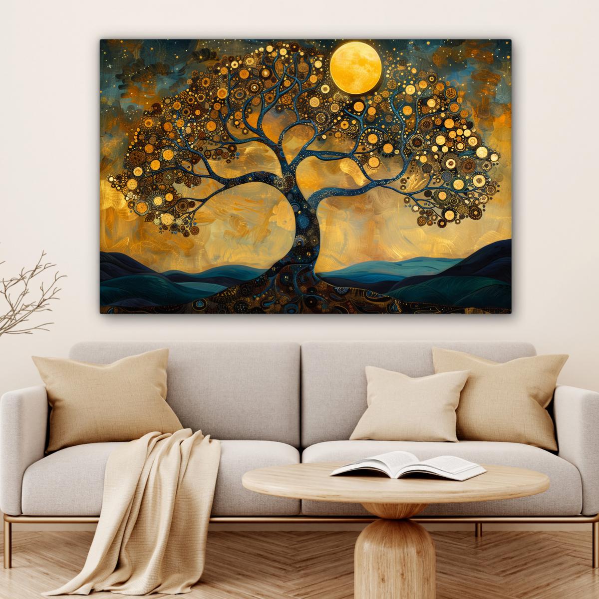 LEINWANDBILD Baum - Mond - Blumen - Gold - Kunst Wohnzimmer Groß 120x80 cm - Orange, Textil (120/80cm) - MuchoWow