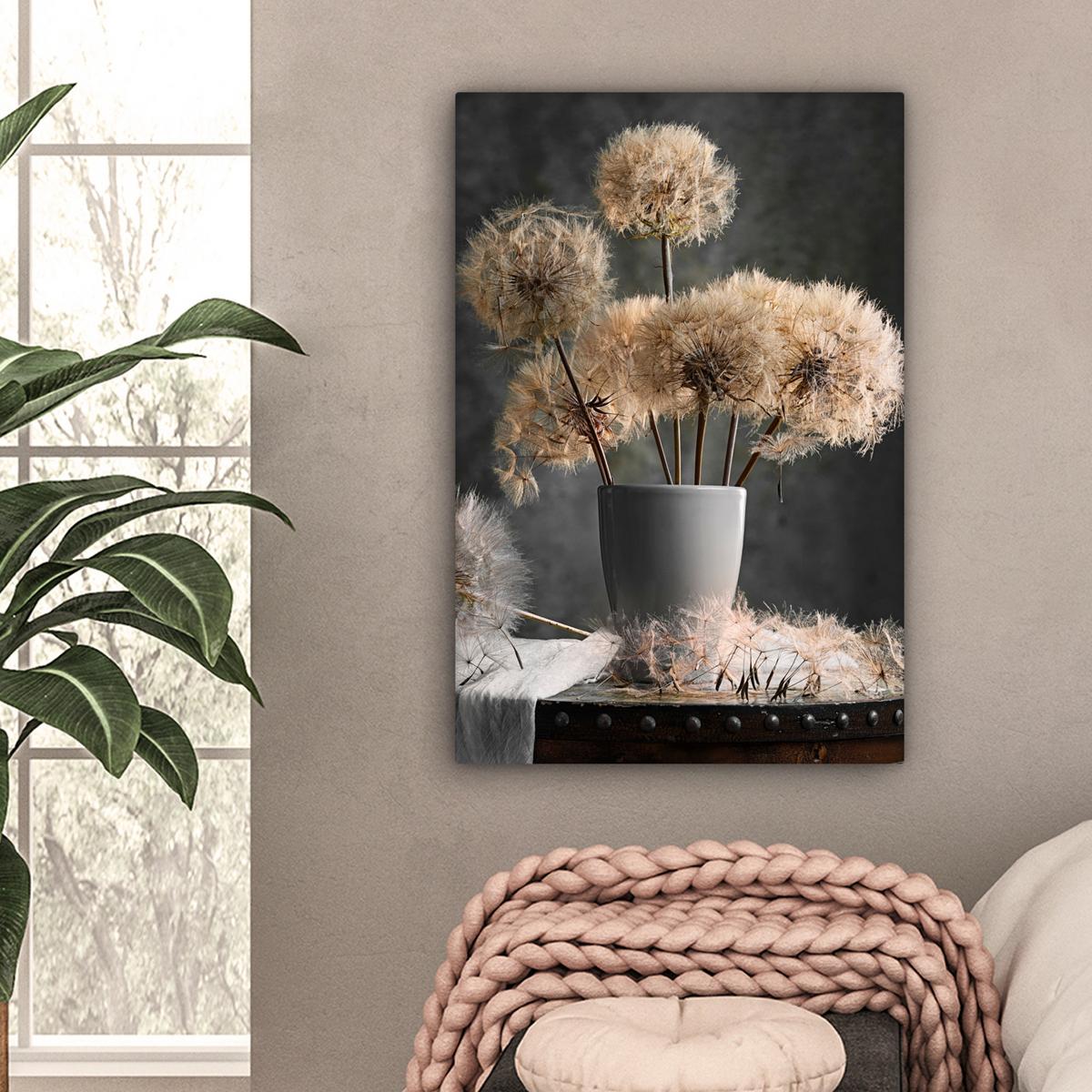 LEINWANDBILD Blumensamen - Löwenzahn - Vase - Stilleben - Blumenstrauß Wanddeko Schlafzimmer 60x90 cm - Dunkelgrau, Textil (60/90cm) - MuchoWow