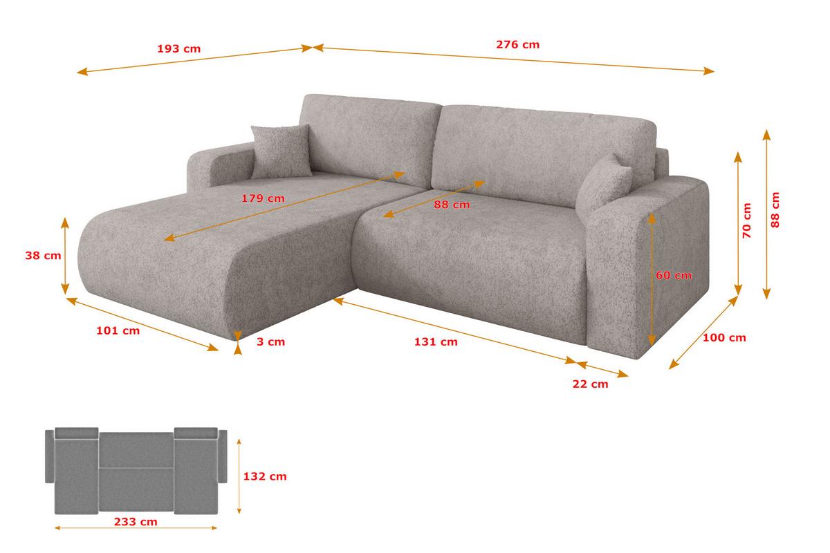 ECKSOFA mit Schlaffunktion Ottomane Links BERY-L 276x193x88 Hellgrau Velours - Hellgrau/Schwarz, Holzwerkstoff/Kunststoff (276/193cm) - ALTDECOR