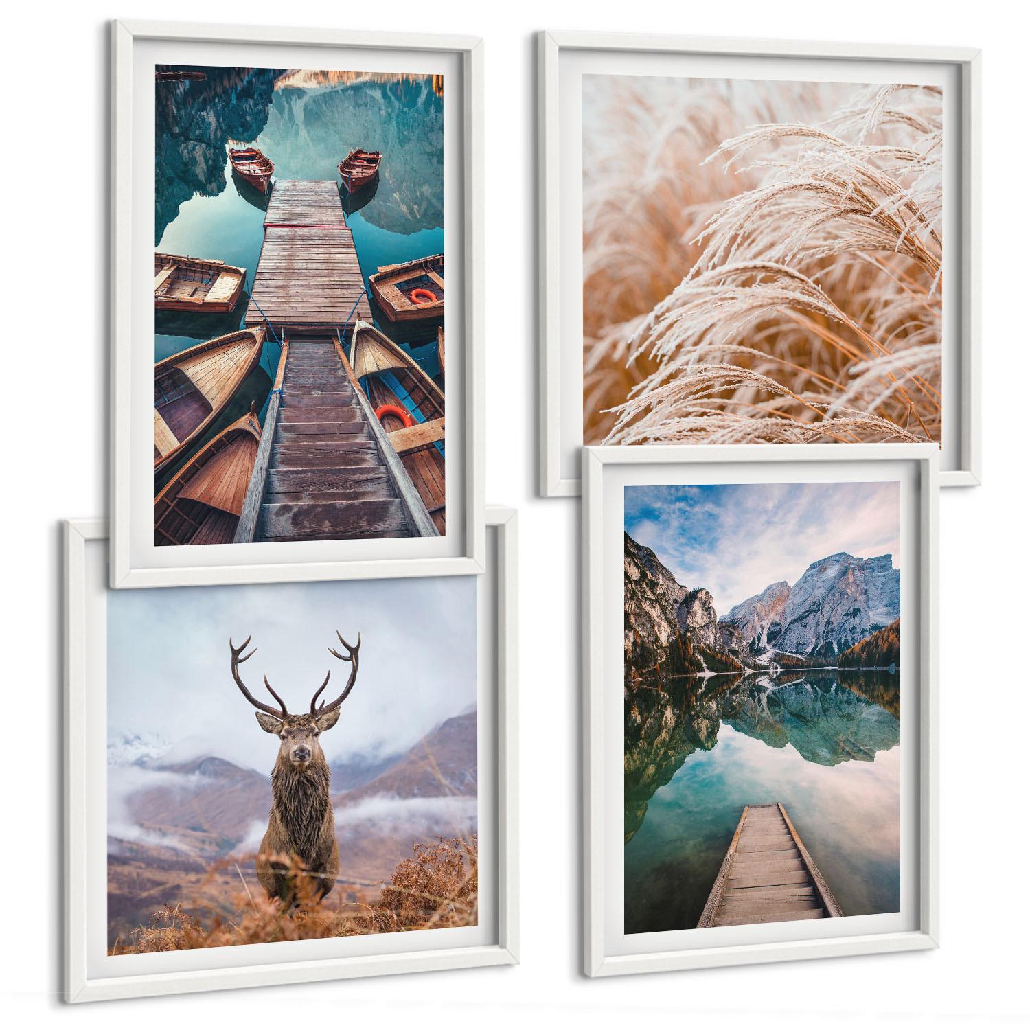 BILDER SET 4er Set - 50x50 cm & 40x60 cm Weißer Rahmen - Seeboote Hirsche Berge - Weiß, Kunststoff (50/50cm) - TULUP