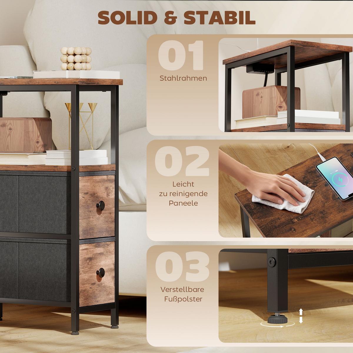 BEISTELLTISCH mit Schubladen Rustikalbraun 20/40/63 cm - Schwarz/Braun, Metall (40/20/63cm) - HOMCOM