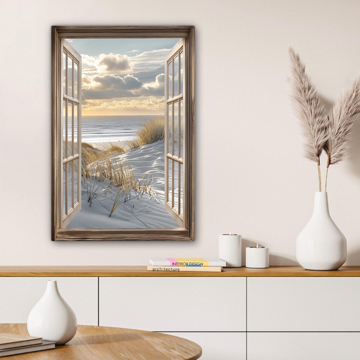 LEINWANDBILD Ausblick - Strand - Dünen - Meer - Natur Wanddeko Schlafzimmer 60x90 cm - Sandfarben, Textil (60/90cm) - MuchoWow
