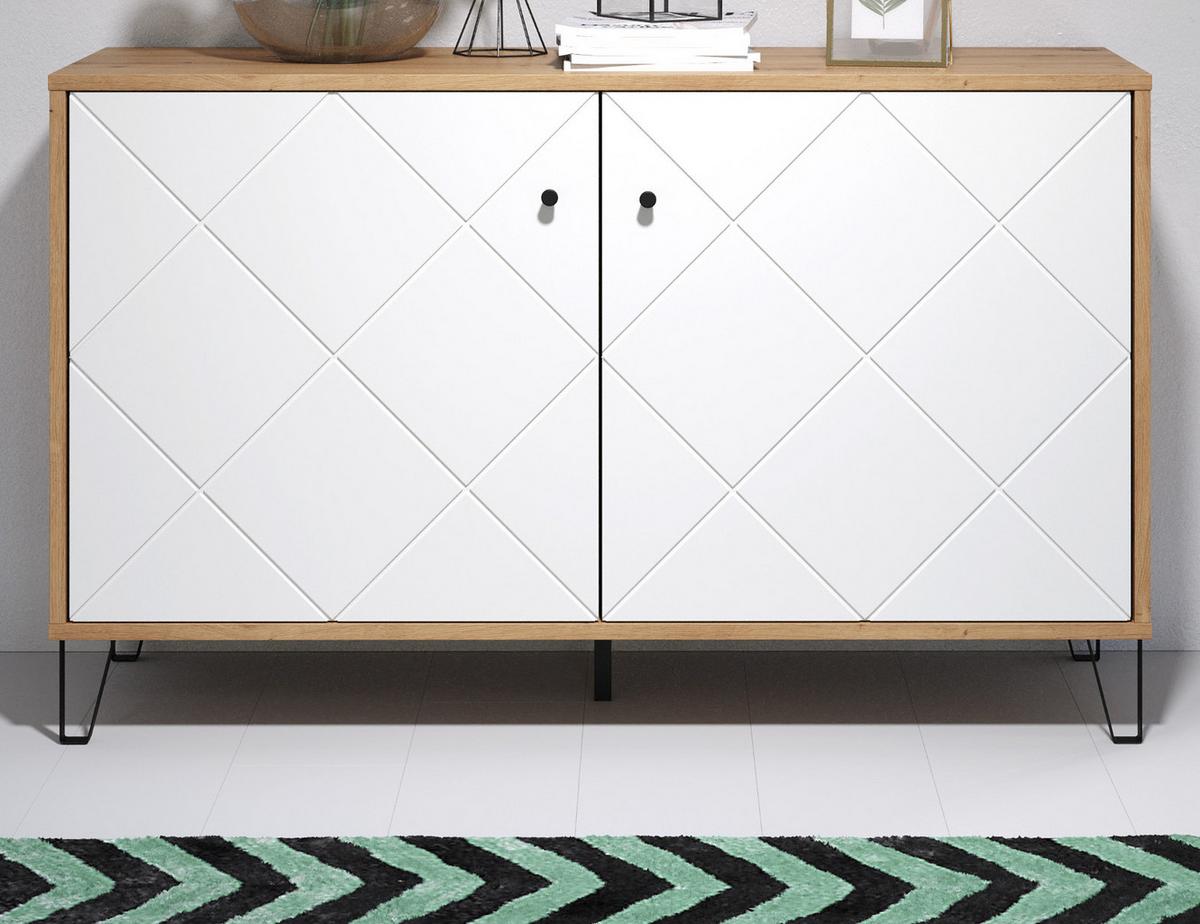 KOMMODE weiß matt mit Rautenoptik, Eiche Artisan 123 cm, Sideboard mit Soft-Close - Eichefarben/Schwarz, Holzwerkstoff/Kunststoff (123/76/40cm) - Top.Furn