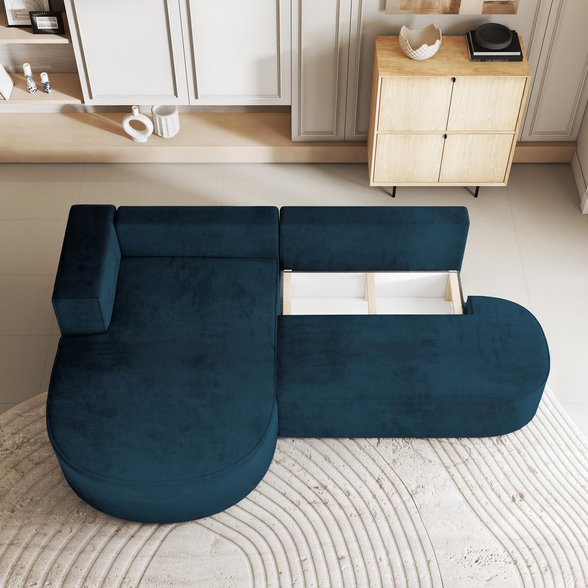 ECKSOFA CORTIO M L-S Blau Velours-Stoff mit Schlaffunktion - Blau/Grau, Holz/Kunststoff (265/174cm) - MASSENO