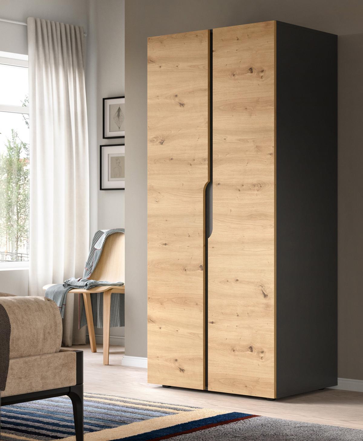 KLEIDERSCHRANK Eiche Artisan, grau 81 x 176 cm, Drehtürenschrank 2-türig - Schwarz/Eiche Artisan, Holzwerkstoff/Kunststoff (81/176/51cm) - Inn.Furn