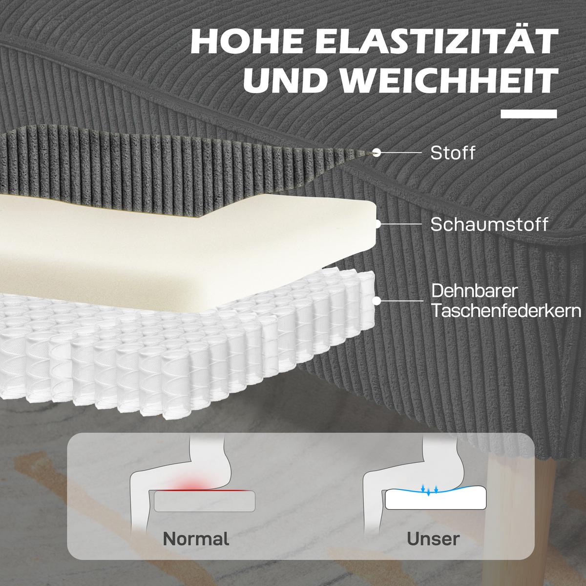 2 Sitzer Sofa, Gepolsterte Couch mit Kordoptik, Holzbeine für Wohnzimmer, Grau - Hellgrau/Naturfarben, Holz/Textil (56.5/77/117cm) - HOMCOM