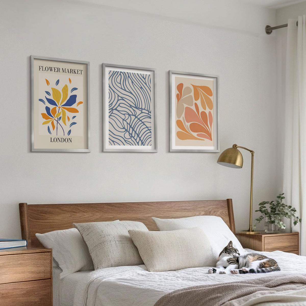 BILDER SET 3er Set - 40x60 cm Silberner Rahmen - Moderne abstrakte Blumen - Silberfarben, Kunststoff (40/60cm) - TULUP
