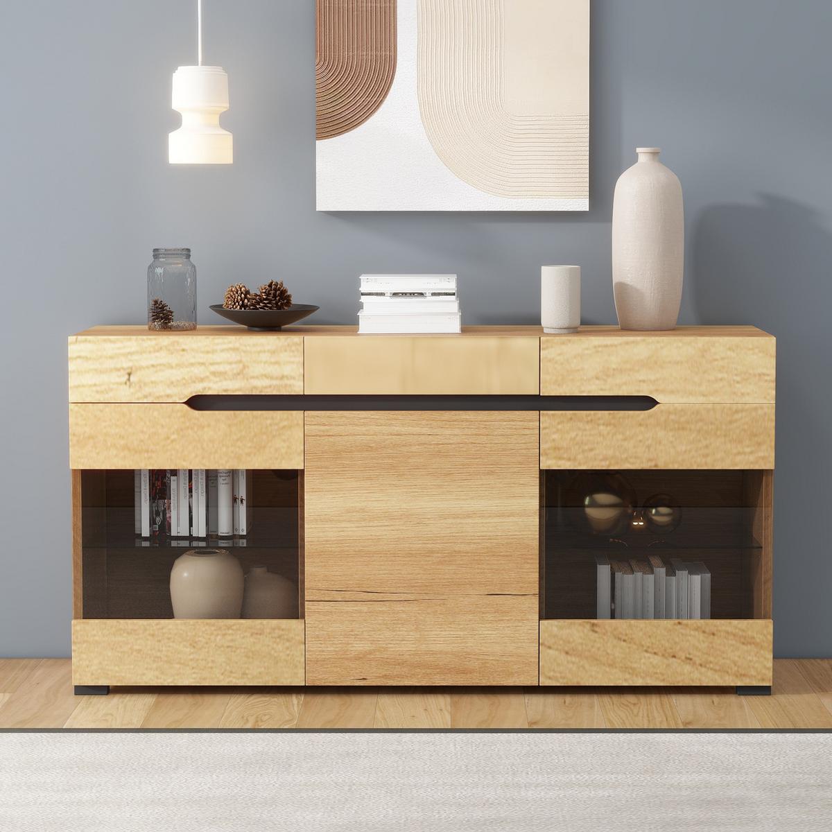 SIDEBOARD mit LED-Beleuchtung und Kabelführung, 140/35/35 cm - Eiche San Remo, Glas/Holzwerkstoff (140/80/35cm) - Urban Meuble