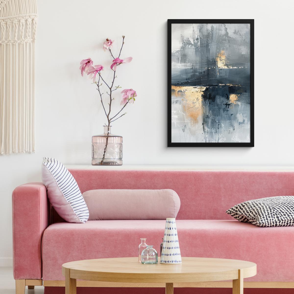 POSTER MIT RAHMEN Kunst - Grau - Gold - Abstrakt Bilder mit Rahmen 40x60 cm - Dunkelgrau, Papier (40/60cm) - MuchoWow