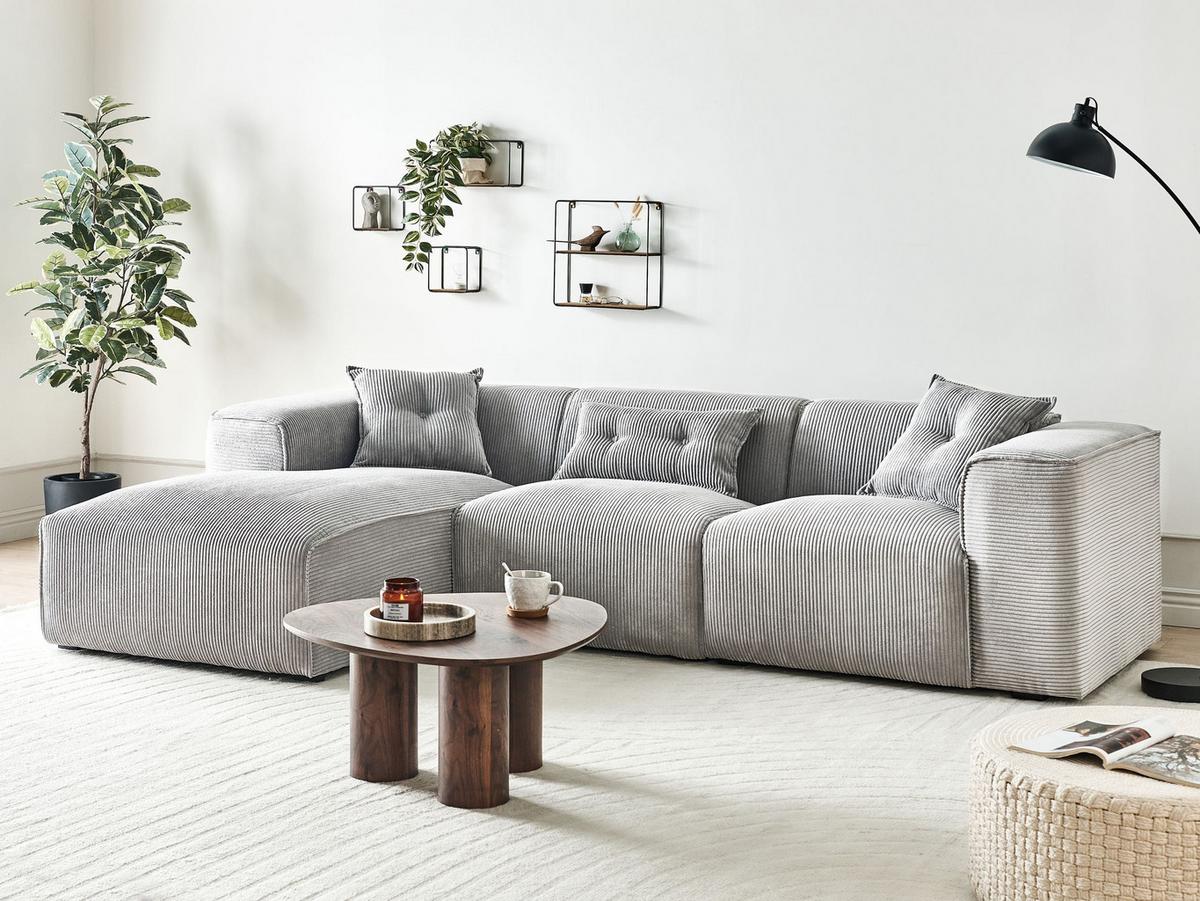 ECKSOFA 3-Sitzer Cord Hellgrau rechtsseitig Dolva - Hellgrau, Textil (294/170cm) - Beliani