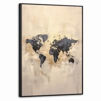 LEINWAND Bilder mit Rahmen - Weltkarte - Gold - Schwarz - Abstrakt - 70x100 - Kupferfarben, Textil (70/100cm) - MuchoWow