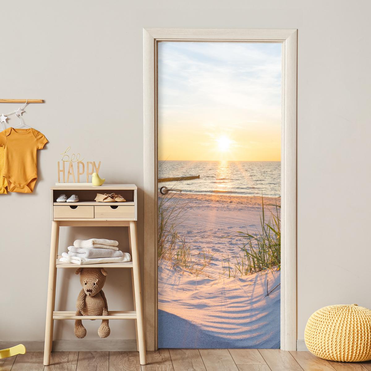 TÜRAUFKLEBER Strand - Sonne - Düne - Gras - Sand - Horizont Fototapete 75x205 cm - Türtapete - Dunkelgelb, Kunststoff (75/0.1cm) - MuchoWow