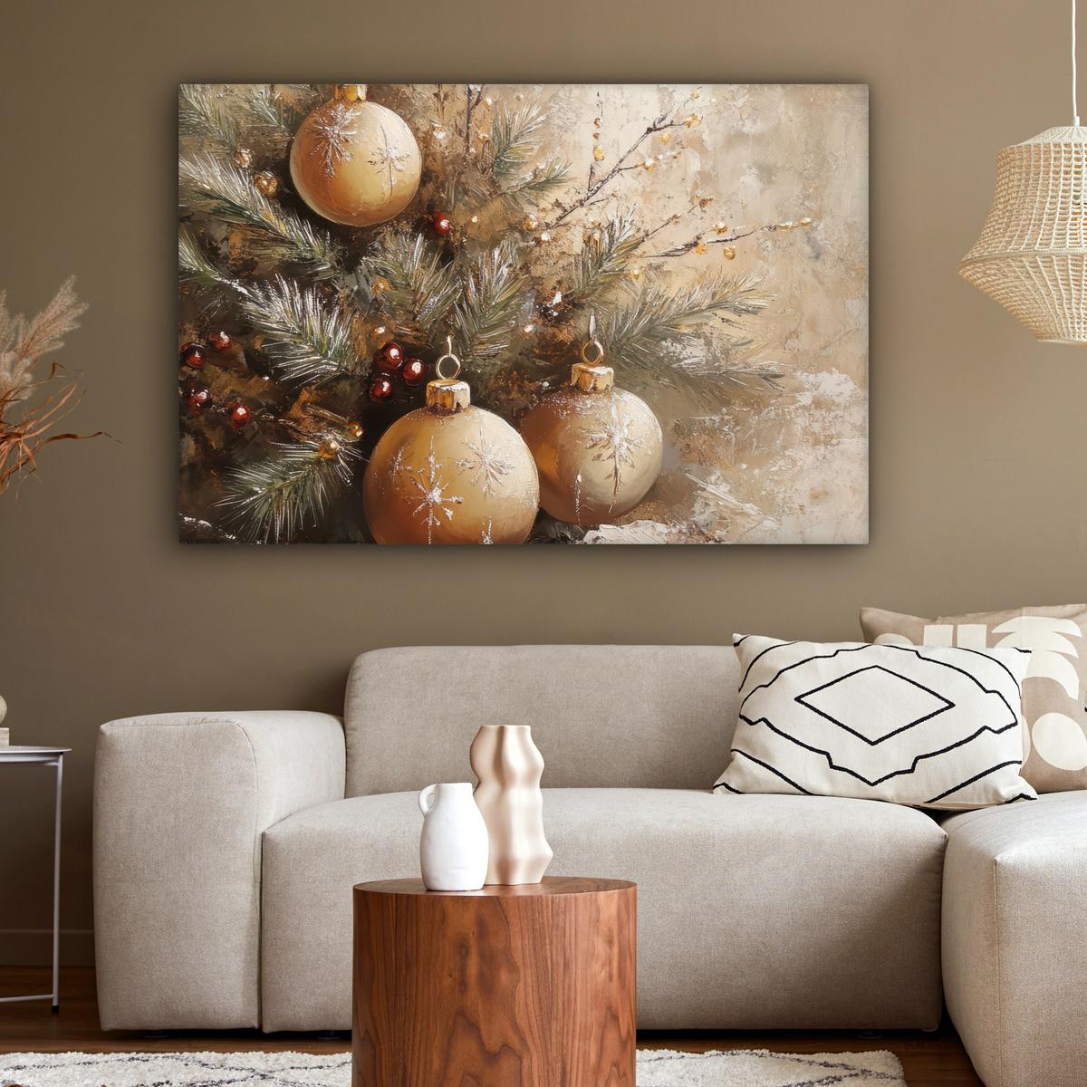 LEINWANDBILD Weihnachten - Kugeln - Beige - Gold Wohnzimmer Groß 120x80 cm - Goldfarben, Textil (120/80cm) - MuchoWow