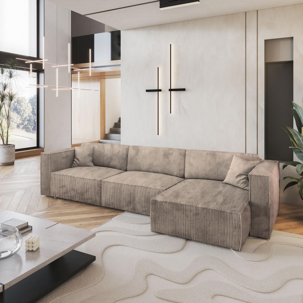 ECKSOFA TOLMO P Beige Kordstoff mit Schlaffunktion - Beige/Grau, Holz/Kunststoff (347/148cm) - MASSENO