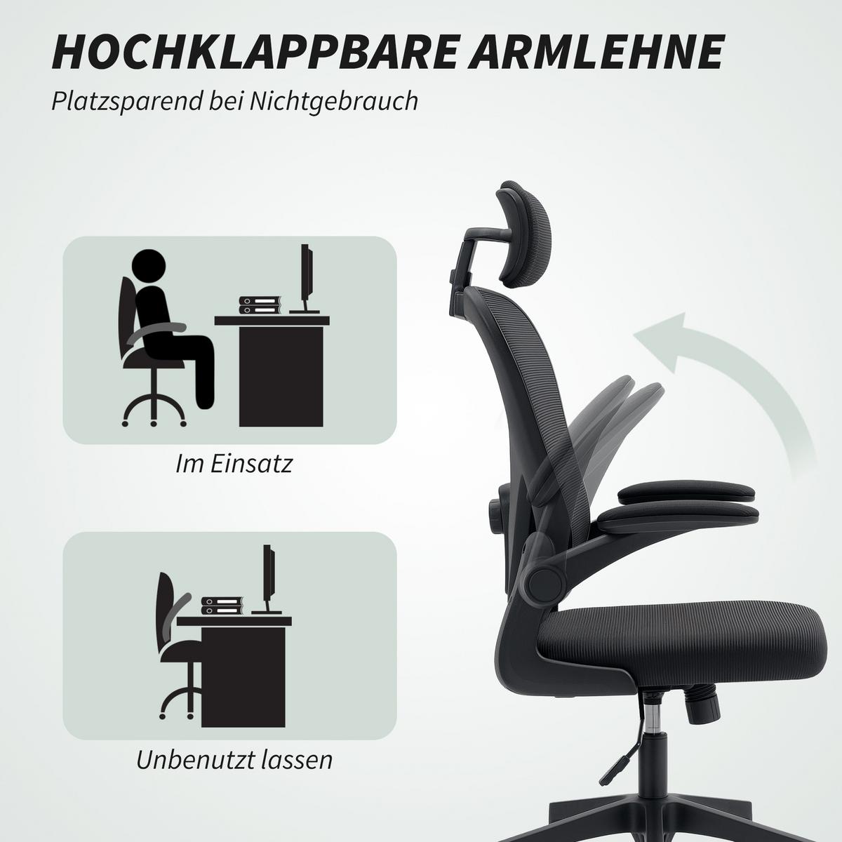 BÜROSTUHL Ergonomischer Schreibtischstuhl mit Hochklappbaren Armlehnen Schwarz - Schwarz, Kunststoff/Textil (63/125/64cm) - HOMCOM