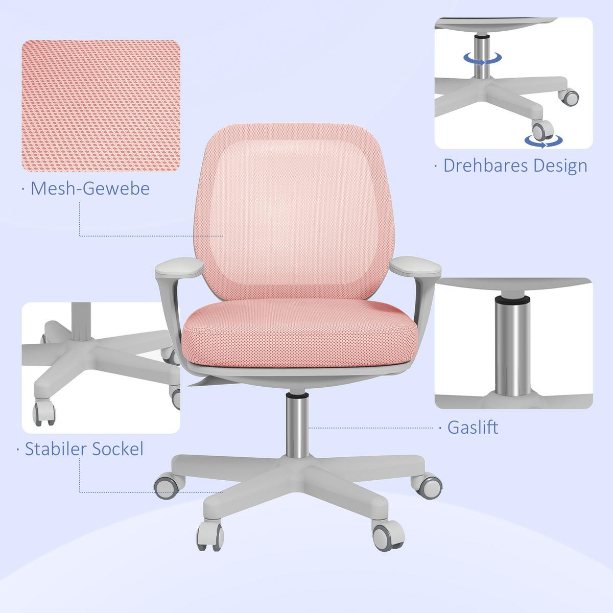 BÜROSTUHL, Ergonomisch Schreibtischstuhl mit Drehfunktion, Höhenverstellbar - Rosa/Weiß, Kunststoff/Textil (48/94.5/55cm) - Vinsetto