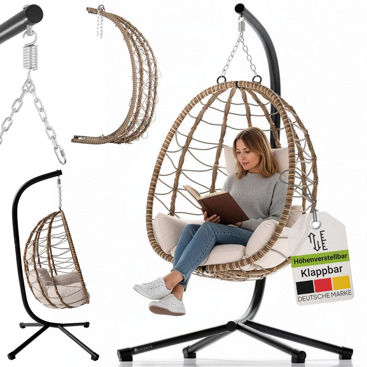 KORBHÄNGESESSEL Aria beige inkl. waschbare Bezüge - Beige, Kunststoff/Metall (95/196/95cm) - Juskys