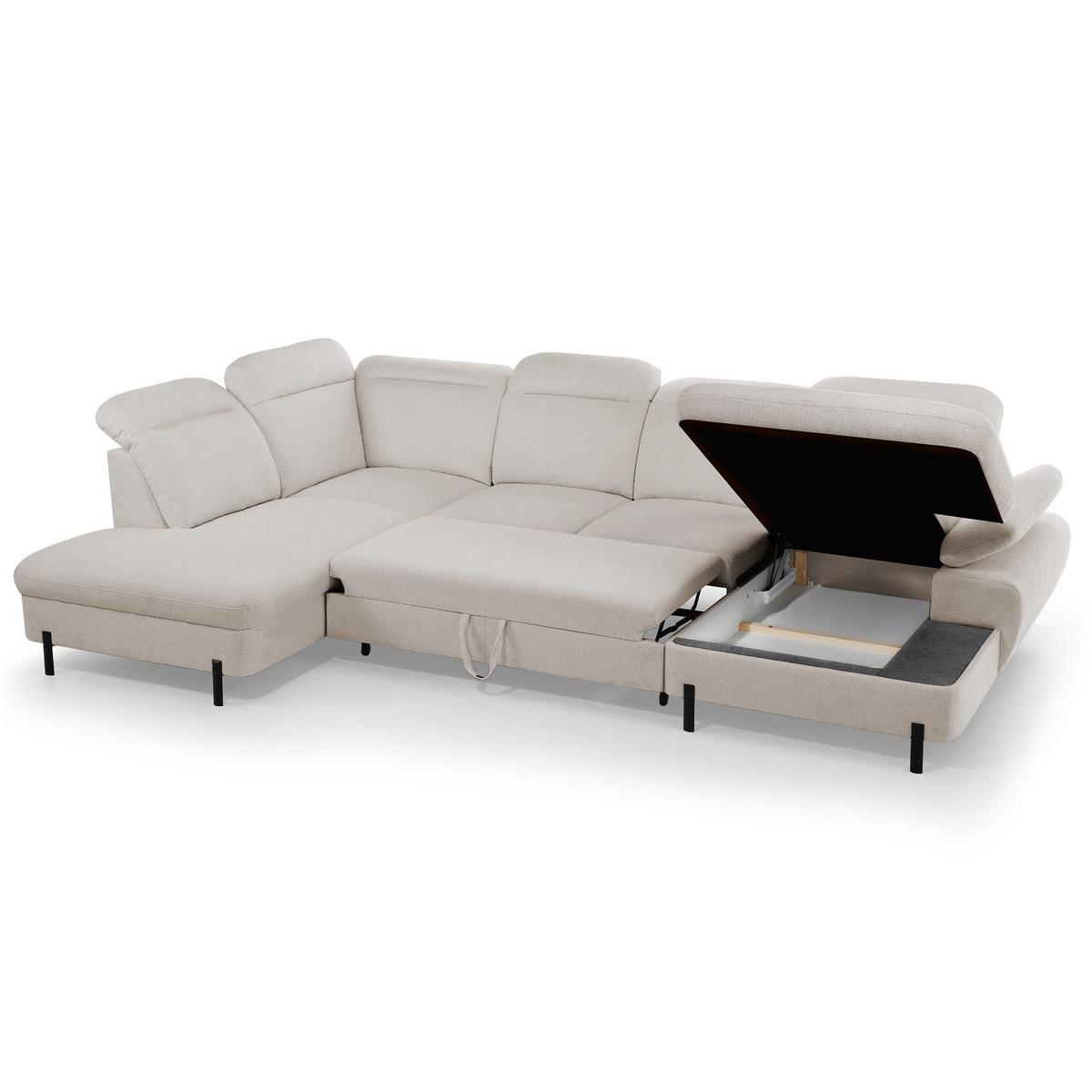 WOHNLANDSCHAFT Sora U mit Schlaffunktion und verstellbarer Sitztiefe, Kopfstützen und Armlehne, 365 cm, Beige, Rechts - Beige/Schwarz, Textil (365/107/235cm) - Beautysofa