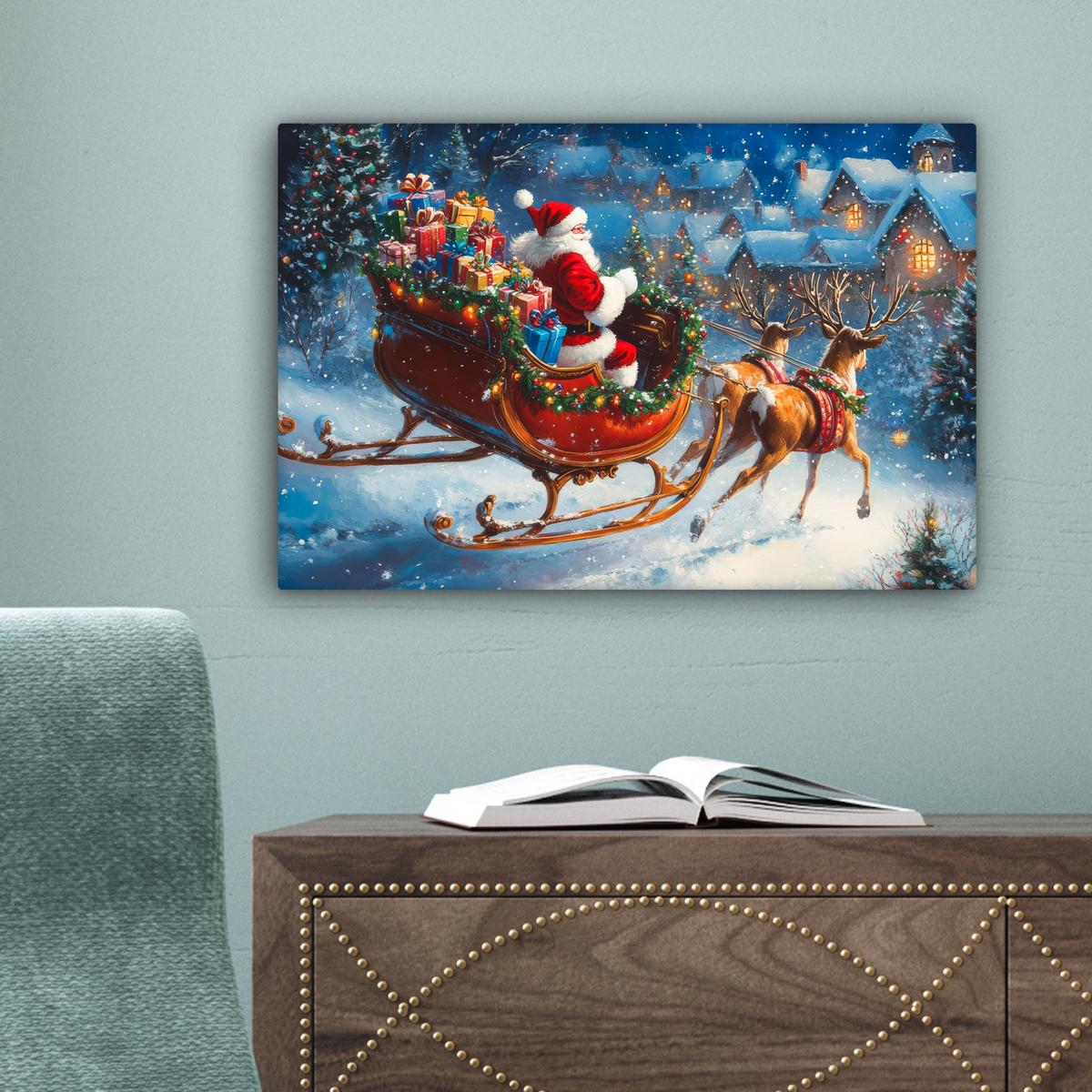 LEINWANDBILD Weihnachtsmann - Rentier - Weihnachten - Schnee Deko Schlafzimmer 30x20 cm - Cognac, Textil (30/20cm) - MuchoWow