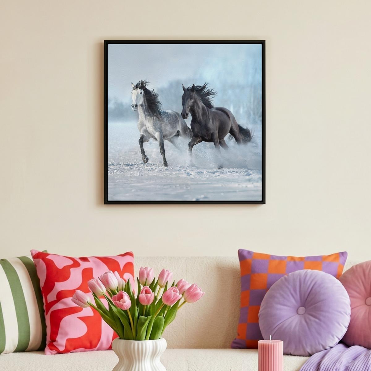 LEINWAND Bilder mit Rahmen - Pferde - Winter - Tiere - Natur - Schnee - 50x50 - Anthrazit, Textil (50/50cm) - MuchoWow
