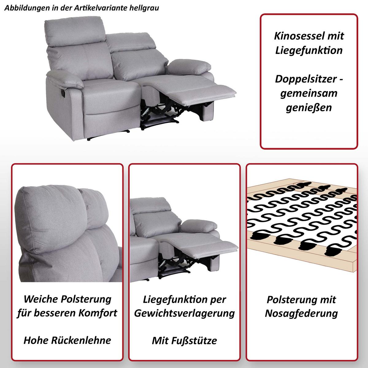 2ER-KINOSESSEL Grau - Grau, Textil (134/105/170cm) - MCW