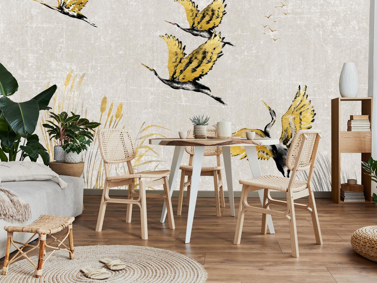 FOTOTAPETE Vögel Pflanzen Beton Abstraktion 250x175 - Gelb/Beige, Papier (250/175cm) - Muralo