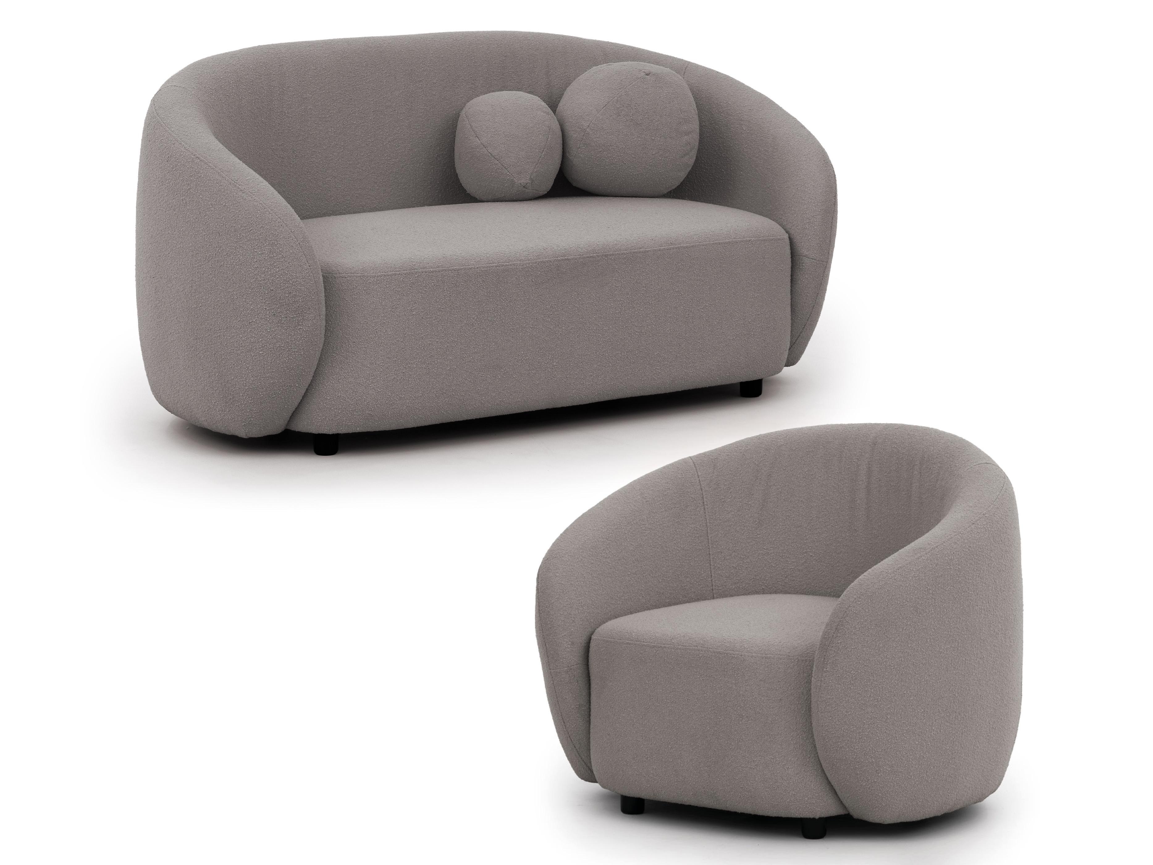 SITZGARNITUR 2+1 Roundi Grau Bouclé - Schwarz/Grau, Holz/Kunststoff (150/76/80cm) - S-Style