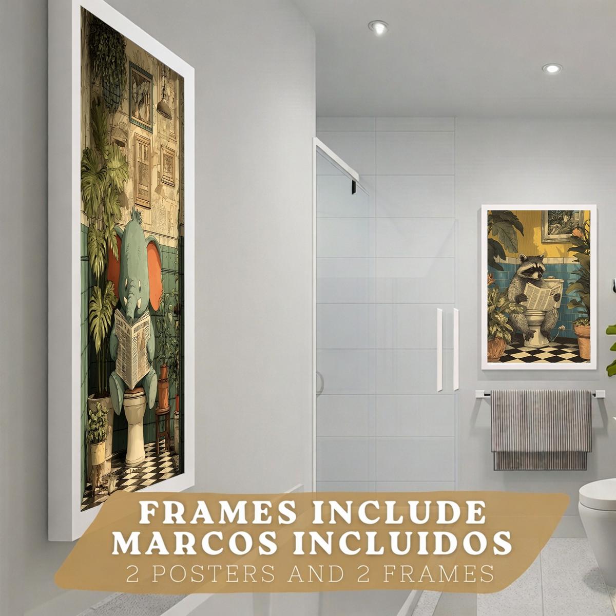 POSTER 2er-Set lustige Badezimmer-Kunstdrucke, Bilder mit lustigen Tieren auf der Toilette, witzige, Badezimmerdekoration, Dusche Weißer Rahmen A3 - Weiß, Papier (42/29.7/3cm) - Nacnic