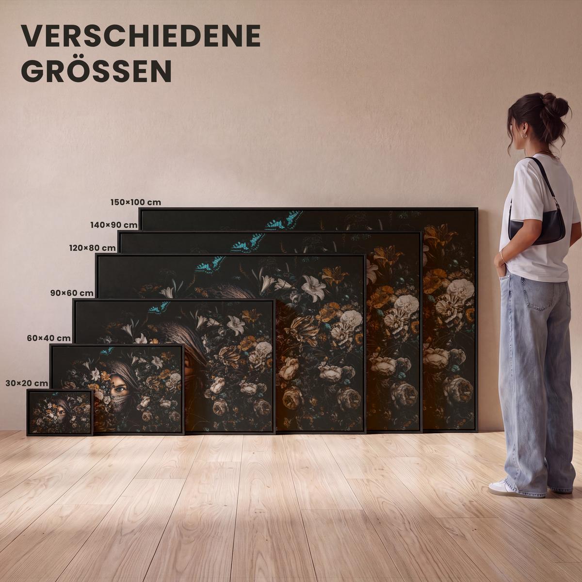 LEINWAND Bilder mit Rahmen - Frau - Luxus - Blumen - Schmetterling - Porträt - 120x80 - Schwarz, Textil (120/80cm) - MuchoWow