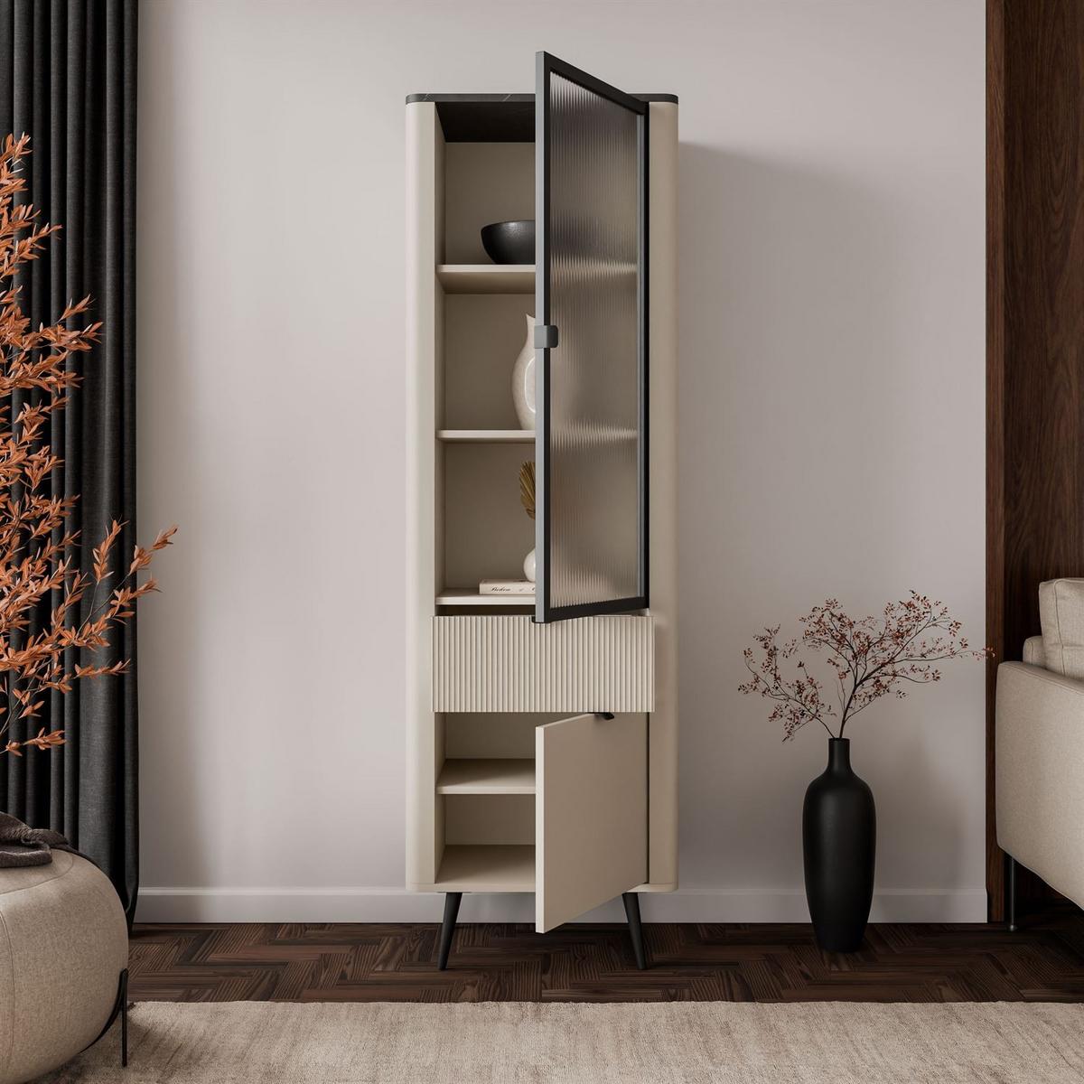 VITRINE schmal AUTUMN 1D1S1W mit Schublade, Kaschmir / Grauer Stein - Beige/Grau, Holzwerkstoff (60/191/40cm) - Lookway