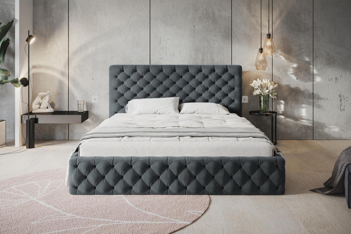 BETT 90x200 - Polsterbett mit Bettkasten und Holzrahmen - Elegant Betten - Weicher Jasminstoff - Kollektion Miami, Dunkelgrau - Dunkelgrau, Holz/Textil (90/200cm) - Alpi-Möbel