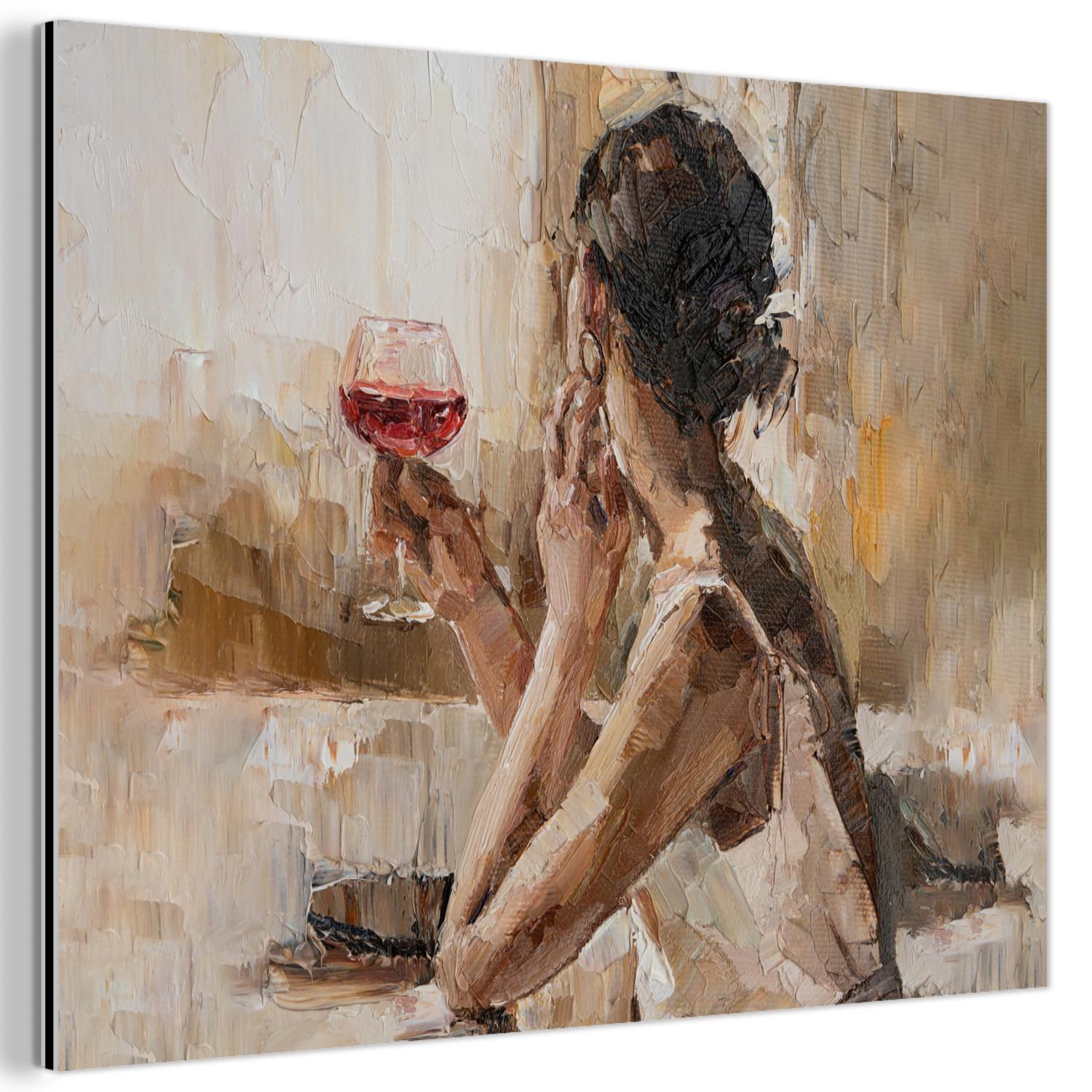 METALLBILD Ölgemälde - Frau - Wein 40x30 cm - Hellbraun, Metall (40/30cm) - MuchoWow