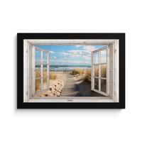 POSTER MIT RAHMENGERAHMTES BILD Fenster - Meer - Küste - Natur - Ausblick - Strand - Wattenmeer 30x20 cm - Beige, Papier (30/20cm) - MuchoWow