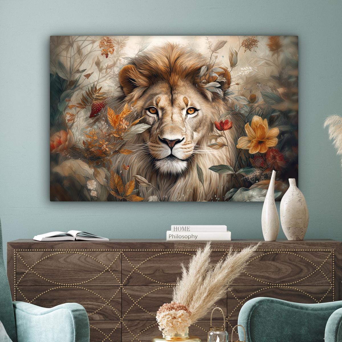 LEINWANDBILD Löwe - Wildtiere - Pflanzen - Natur - Blumen Wohnzimmer Groß 120x80 cm - Beige, Textil (120/80cm) - MuchoWow